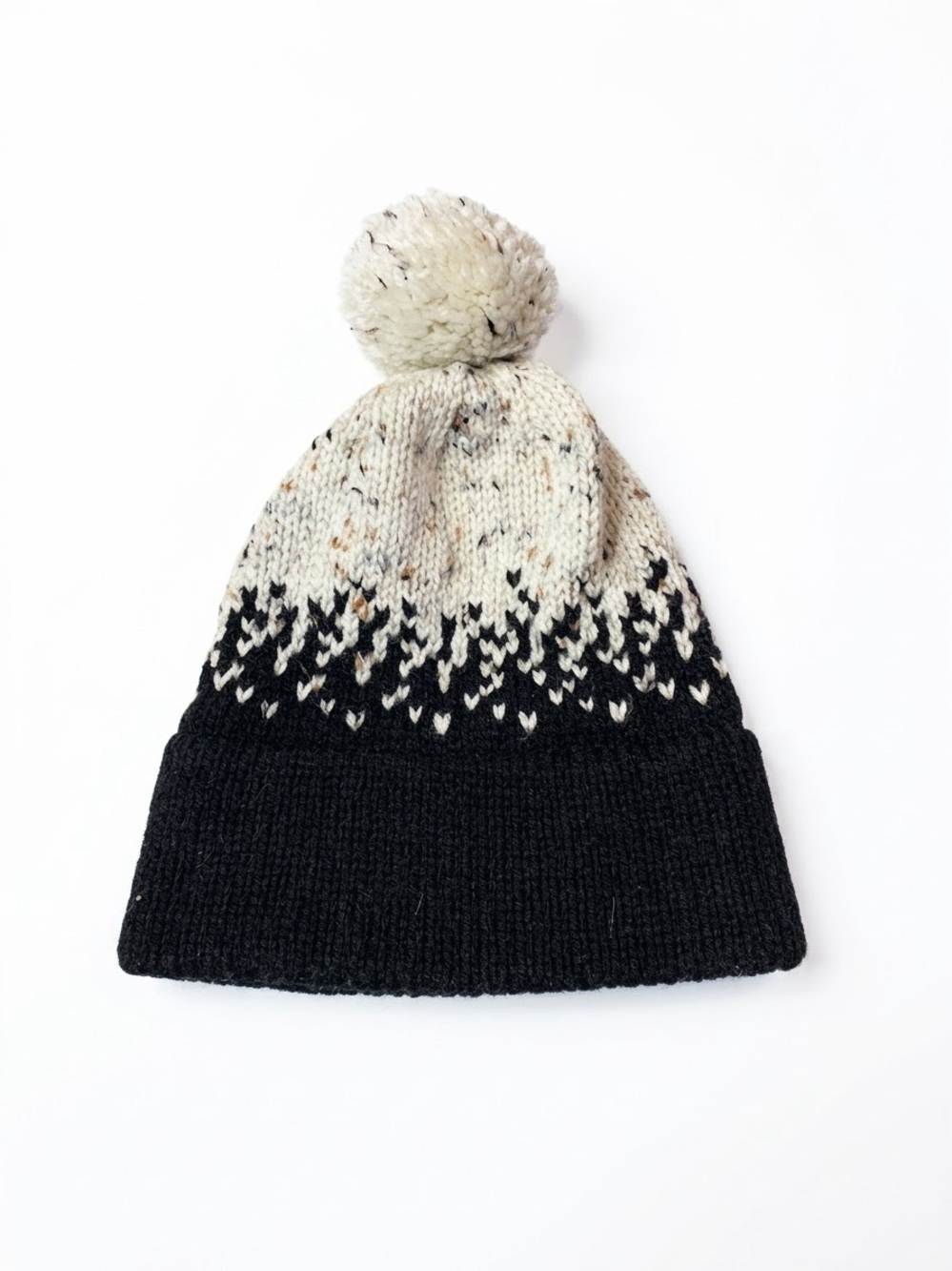 Fair Isle Flecked Knit Pom Pom Beanie Black Cream Flecked Winter Toque OS